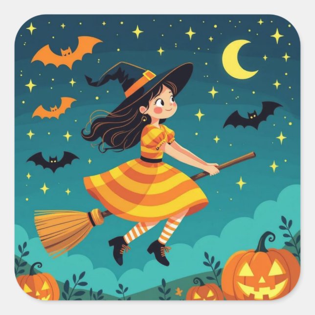 Pegatina Cuadrada Volando a Halloween (Anverso)