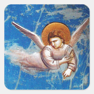 PEGATINA CUADRADA VOLANDO ÁNGEL EN EL CIELO AZUL, PARTIDO DE FESTIVO