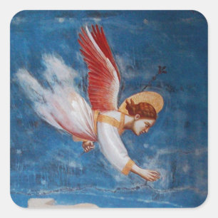 PEGATINA CUADRADA VOLANDO ÁNGEL EN EL CIELO AZUL, PARTIDO DE FESTIVO