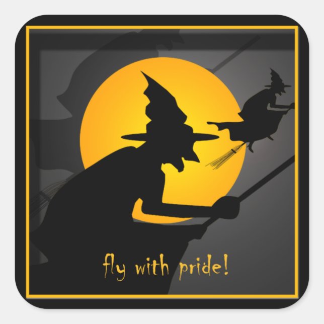 Pegatina Cuadrada Volando Bruja Volando Con Orgullo Gracioso Hallowe (Anverso)