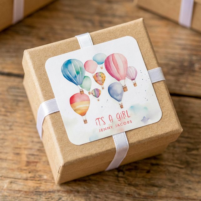 Pegatina Cuadrada Volando globos de aire caliente es una diversión d (Flying hot air balloons it's a girl paper fun square sticker.)