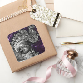 Pegatina Cuadrada Vórtex fractal plateado y púrpura