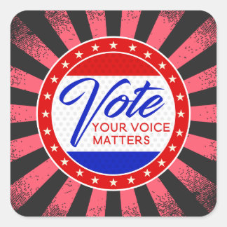 Pegatina Cuadrada Vota tu voz importa los rayos de estrellas blanco 