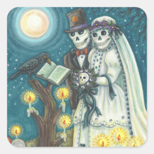 PEGATINA CUADRADA VOTOS DE CEMENTERIO, BODA DE ESQUELETOS, NOVIA Y N
