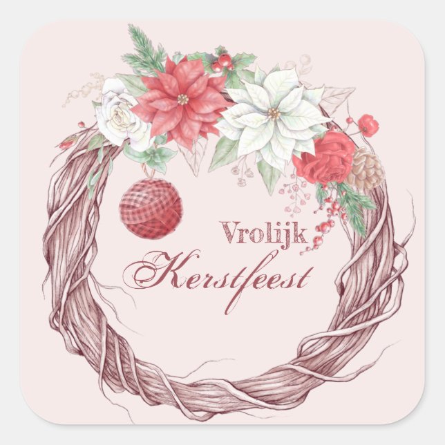 Pegatina Cuadrada Vrolijk kerstfeest Poinsettia blanca y roja (Anverso)