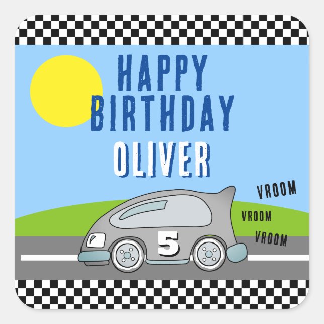 Pegatina Cuadrada Vroom Vroom Carreras Car Road Name Happy Birday (Anverso)