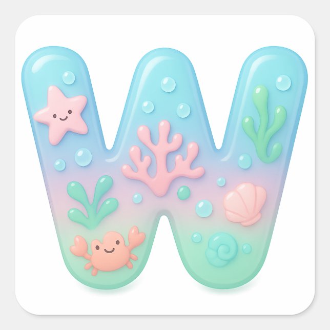 Pegatina Cuadrada "W" Cute Letter - Underwater Sea Creature  (Anverso)