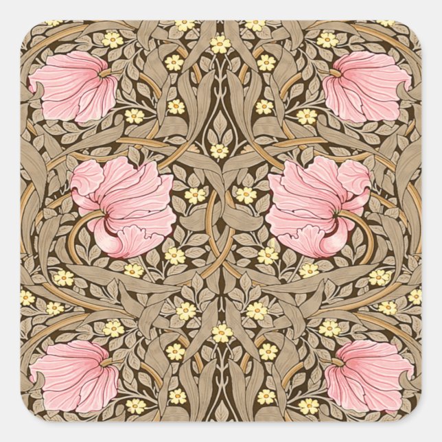 Pegatina Cuadrada W Morris Pimpernel Pattern en rosa y sepia (Anverso)