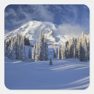 Pegatina Cuadrada WA, Monte Rainier NP, Monte Rainier y Paraíso