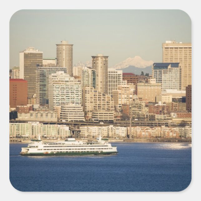 Pegatina Cuadrada WA, Seattle, el horizonte de Seattle y la bahía de (Anverso)