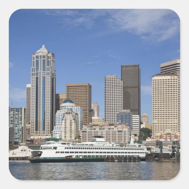 Pegatina Cuadrada WA, Seattle, horizonte de Seattle con ferry (Anverso)