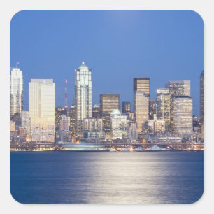 Pegatina Cuadrada WA, Seattle, horizonte de Seattle y bahía Elliott,