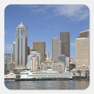 Pegatina Cuadrada WA, Seattle, Skyline de Seattle con ferry