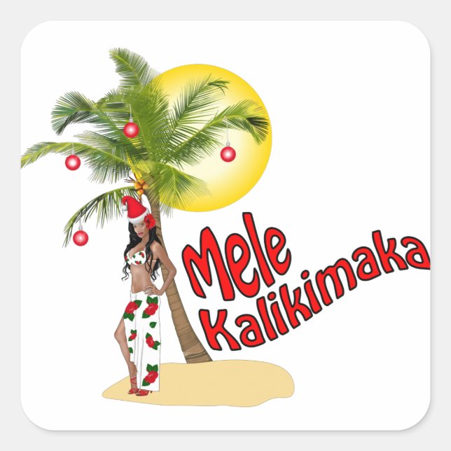 Pegatina Cuadrada Wahine Pinup Mele Kalikimaka Pegatinas navideñas (Anverso)
