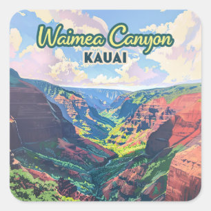 Pegatina Cuadrada Waimea Canyon Kauai Hawaii Retro
