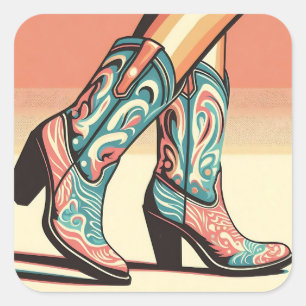 Pegatina Cuadrada Walking Cowgirl Arte pop de boots rosas y azules