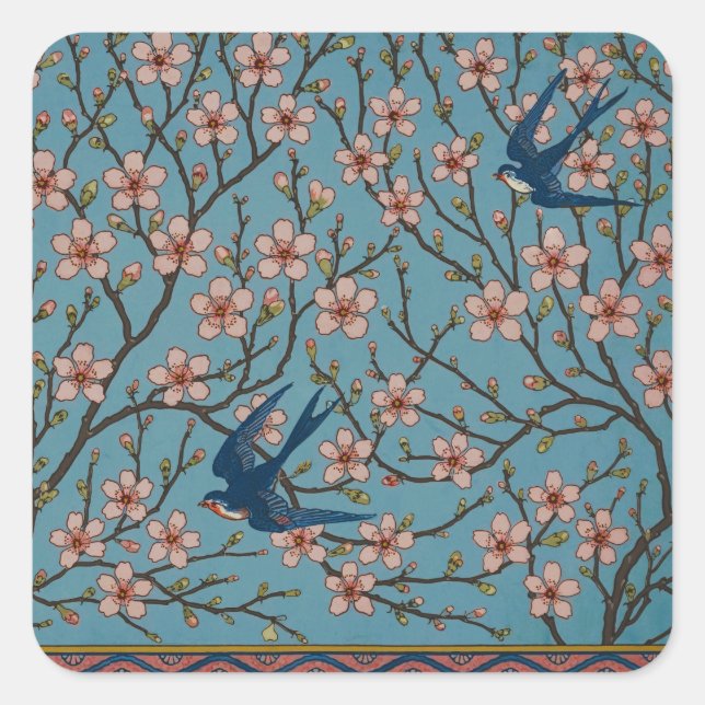 Pegatina Cuadrada Walter Crane Almond Blossom y Swallow (Anverso)