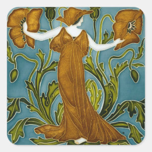 Pegatina Cuadrada Walter Crane Art Nouveau Doncella Amapola Naranja