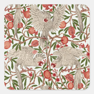 Pegatina Cuadrada Walter Crane Cacatúa Blanca Granada Roja Arte