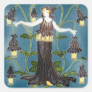 Pegatina Cuadrada Walter Crane Columbine Art Nouveau Flor Morada