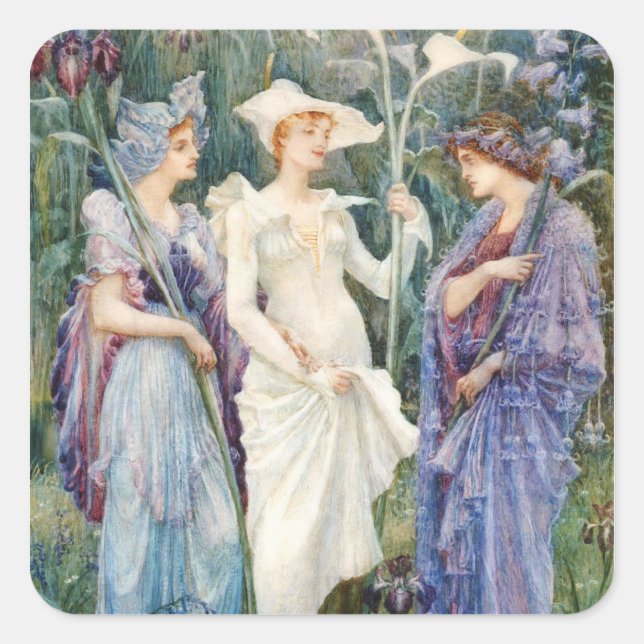 Pegatina Cuadrada Walter Crane: Rótulos de la primavera (Anverso)