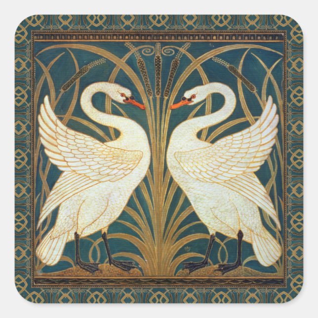 Pegatina Cuadrada Walter Crane Swan, Rush E Iris Art Nouveau (Anverso)