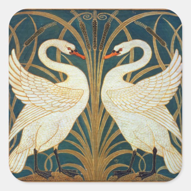 Pegatina Cuadrada Walter Crane Swan, Rush E Iris Art Nouveau (Anverso)