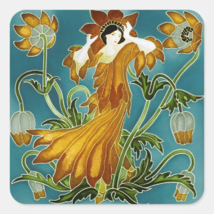 Pegatina Cuadrada Walter Crane Tulipán Naranja Art Nouveau Floral
