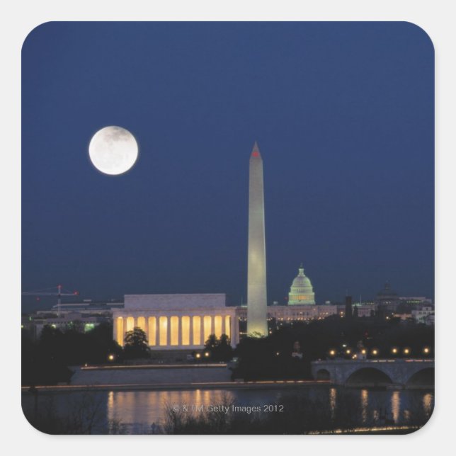 Pegatina Cuadrada Washington DC de noche (Anverso)