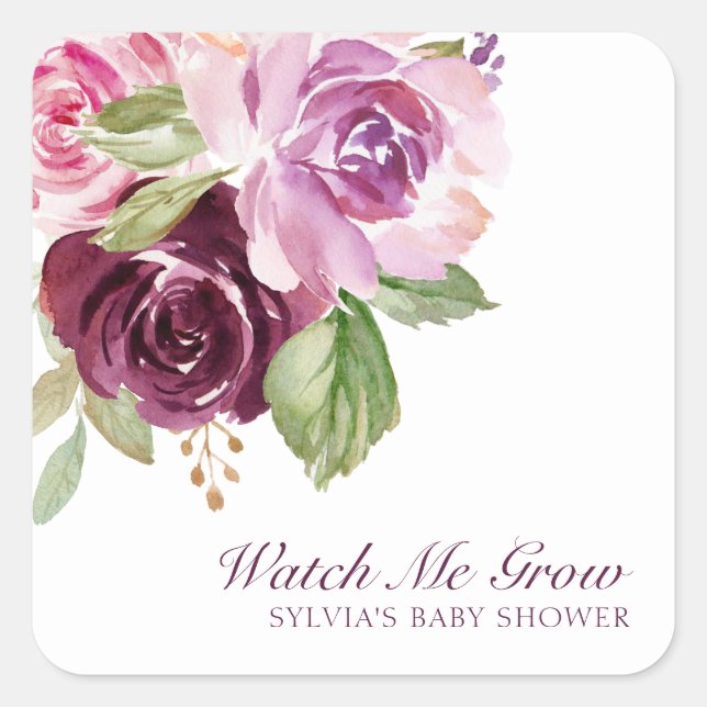 Pegatina Cuadrada Watch Me Grow Plum Floral Chica Baby Shower Favor (Anverso)