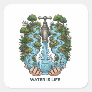 Pegatina Cuadrada Water Is Life | Nature Ecosystem Conservation Art