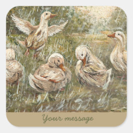 Pegatina Cuadrada Water Play Whimsical Farmhouse Duck Family Pond