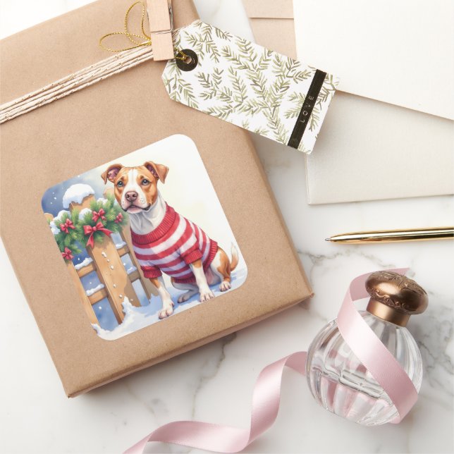 Pegatina Cuadrada Watercolor American Pit Bull Terrier Festive (Regalar)