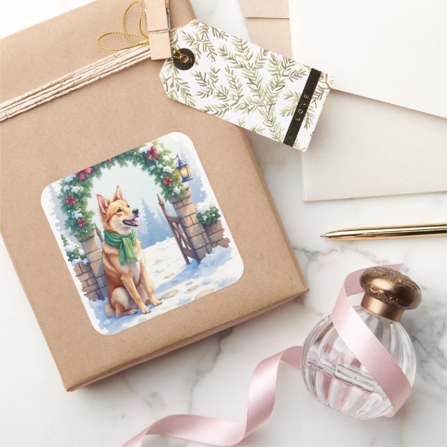 Pegatina Cuadrada Watercolor Australian Kelpie Countryside Gate (Regalar)