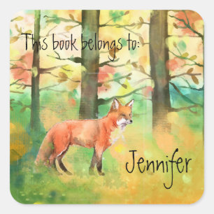 Pegatina Cuadrada Watercolor Autumn Forest Fox Animal Nature Art