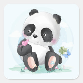 Pegatina Cuadrada Watercolor Baby Panda Bear