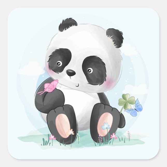 Pegatina Cuadrada Watercolor Baby Panda Bear (Anverso)