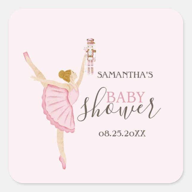 Pegatina Cuadrada Watercolor Ballerina Nutcracker Pink Baby Shower (Anverso)