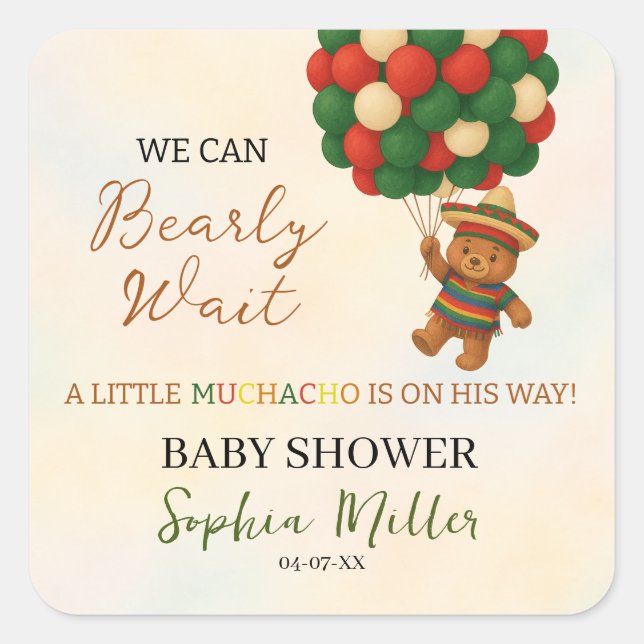 Pegatina Cuadrada Watercolor Bear Baby Shower Mexican Fiesta (Anverso)