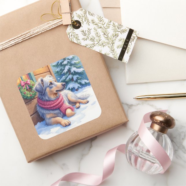 Pegatina Cuadrada Watercolor Bergamasco Shepherd Cabin Christmas (Regalar)