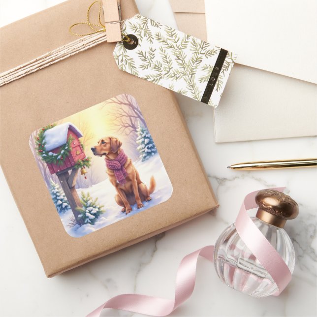 Pegatina Cuadrada Watercolor Bloodhound Country Mailbox Christmas (Regalar)