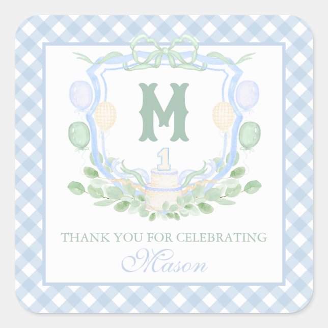 Pegatina Cuadrada Watercolor Blue 1st Birthday Monogram Crest Gift (Anverso)