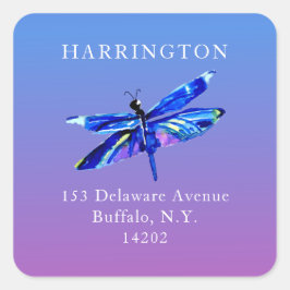 Pegatina Cuadrada Watercolor Blue Dragonfly Elegant Return Address