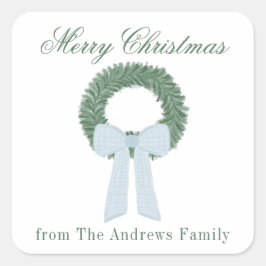 Pegatina Cuadrada Watercolor Blue Gingham Sash Wreath