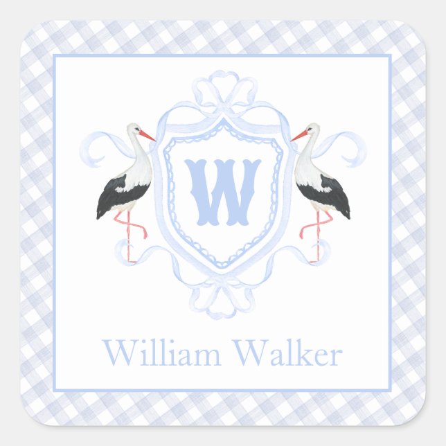 Pegatina Cuadrada Watercolor Blue Stork Gingham Monogram Crest (Anverso)