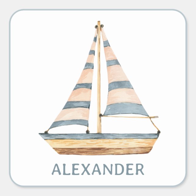 Pegatina Cuadrada Watercolor Blue Stripe Sailboat (Anverso)