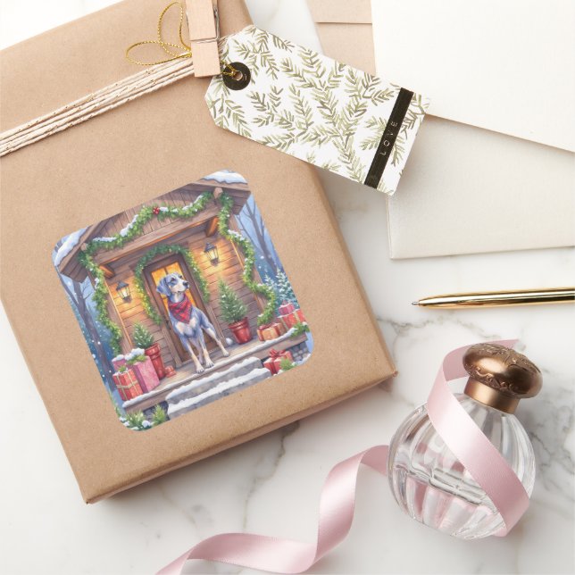 Pegatina Cuadrada Watercolor Bluetick Coonhound Cabin Porch Christma (Regalar)