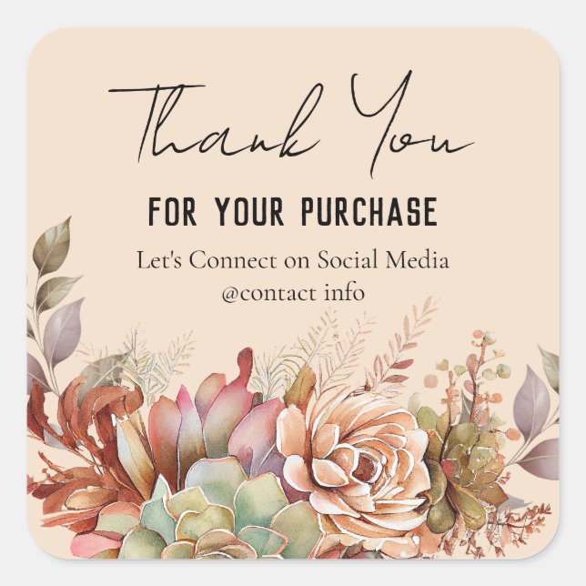 Pegatina Cuadrada Watercolor Boho Cactus Business Gracias (Anverso)