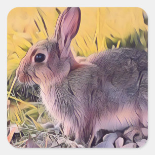 Pegatina Cuadrada Watercolor Brown Bunny Rabbit Vintage Art