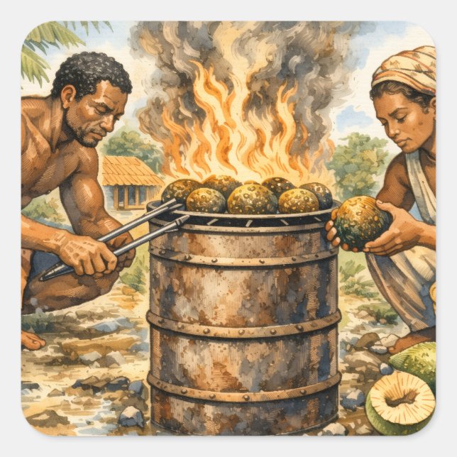 Pegatina Cuadrada Watercolor Caribbean Breadfruit Scene (Anverso)